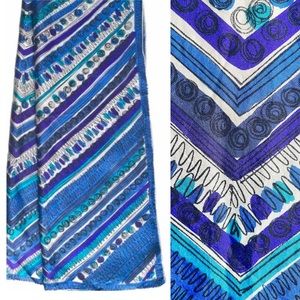 VERA Neumann Silk Scarf 1960s Abstract Pattern Turquoise Blue Purple Oblong